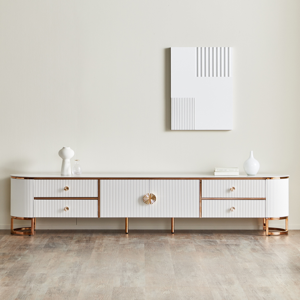 [방문설치] 이레나 세라믹 스테인레스 2단 거실장 TV다이 TV장 2200x400x480mm, 화이트