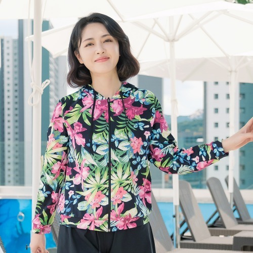 조이마담S7133 정글 플라워 후드 래쉬가드 상의 50대60대중년여성 빅사이즈수영복 - 상품 이미지
