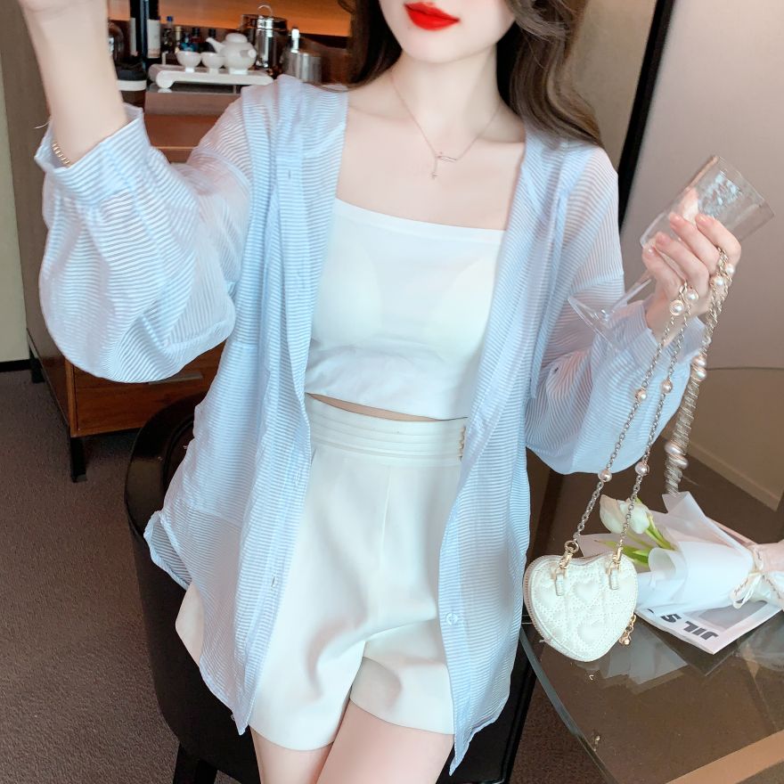 봄 여름 루즈핏 시스루 스트라이프 후드 긴팔 가디건 자켓 데일리 비치웨어 라이트블루 - 상세 이미지 3