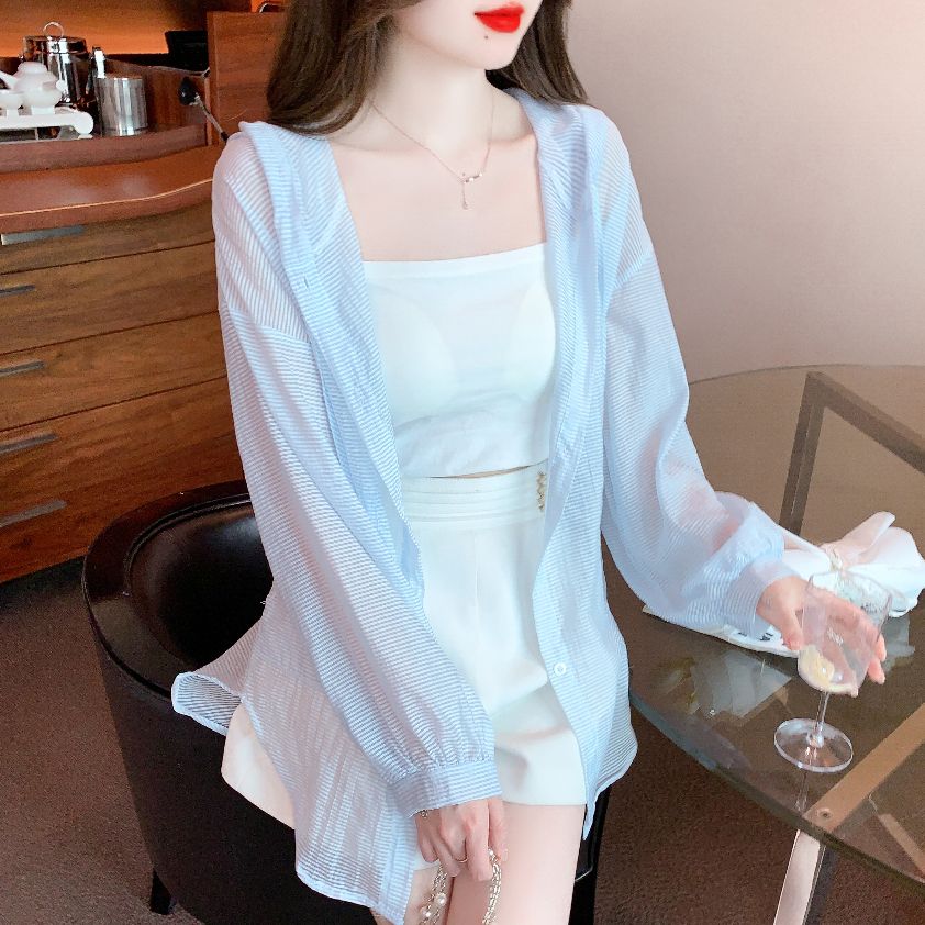 봄 여름 루즈핏 시스루 스트라이프 후드 긴팔 가디건 자켓 데일리 비치웨어 라이트블루 - 상세 이미지 5