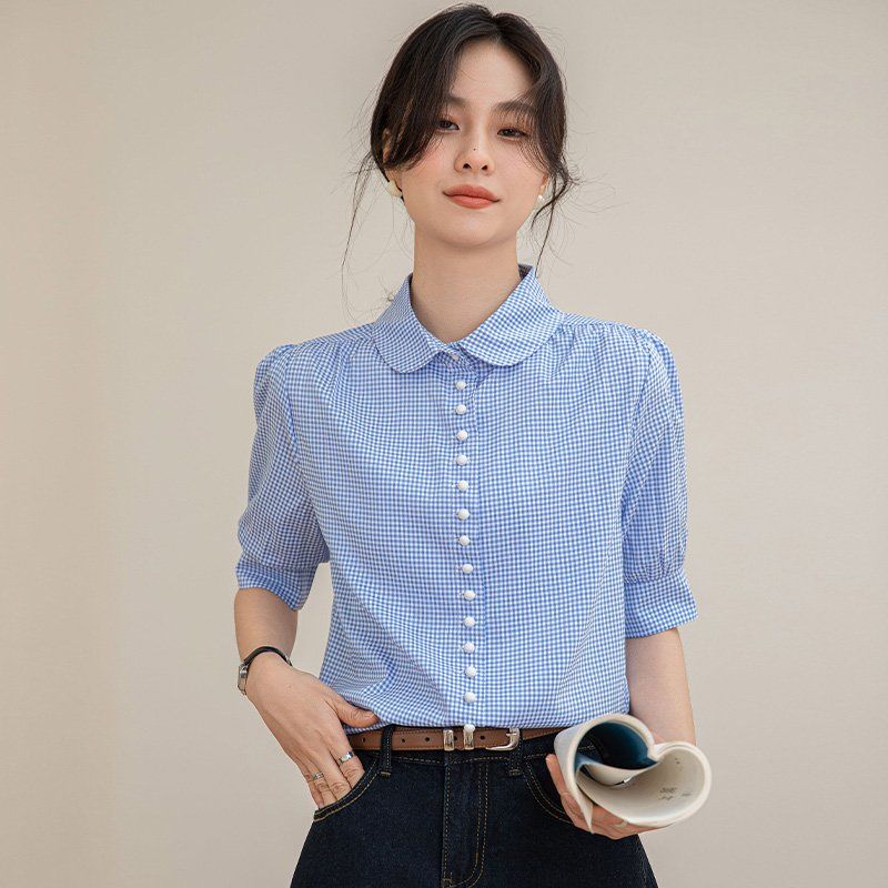 여름 간절기 여성 약간루즈핏 체크 반팔 카라 셔츠 블라우스 데일리룩 블루 - 상세 이미지 4