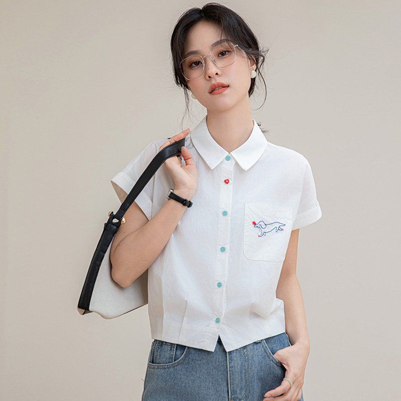 여름 간절기 여성 약간루즈핏 얇은 자수 반팔 카라 셔츠 블라우스 데일리 캐주얼룩 화이트 - 메인 이미지