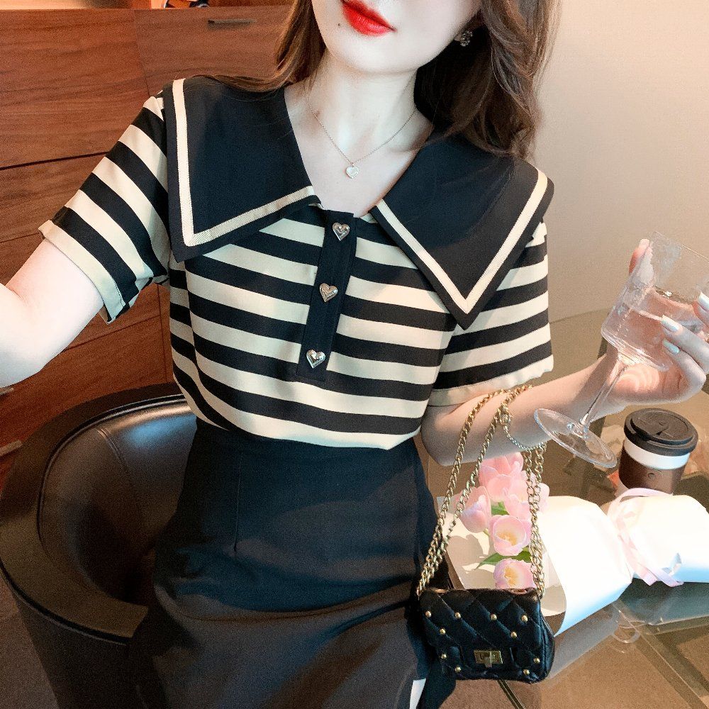 봄 여름 세일러 카라 스트라이프 반팔 티셔츠 하트 버튼 기본핏 폴리 블랙 베이지 - 상세 이미지 3