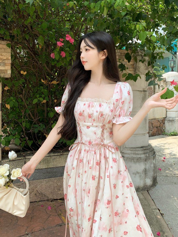여름 빅사이즈 여성 스퀘어넥 퍼프소매 플라워 잔꽃무늬 A라인 롱원피스 데일리 바캉스룩 핑크 - 상세 이미지 3