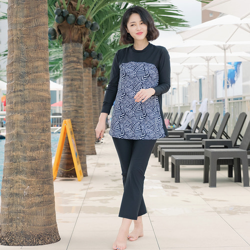 조이마담S7129 미로배색 A라인 수영복 세트 50대60대중년여성 빅사이즈래쉬가드 - 상세 이미지 4