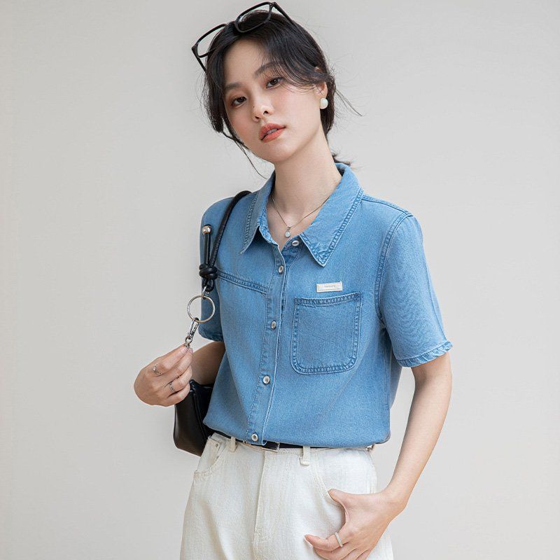 여름 간절기 여성 얇은 데님 반팔 카라 셔츠 블라우스 캐주얼 데일리 레이어드 코디 블루 - 상세 이미지 3