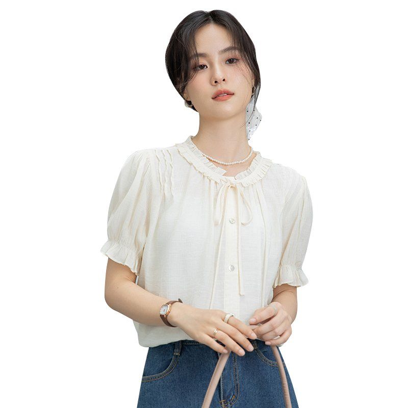 봄 여름 간절기 여성 약간루즈핏 얇은 셔링 프릴 반팔 블라우스 데일리룩 아이보리 - 상세 이미지 5