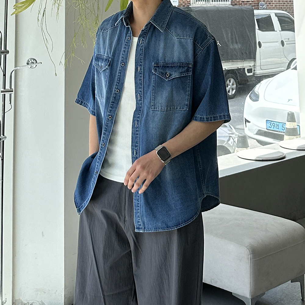 남자 셔츠 오버핏 여름 데님 청 남방 남자 반팔셔츠 - 상세 이미지 2