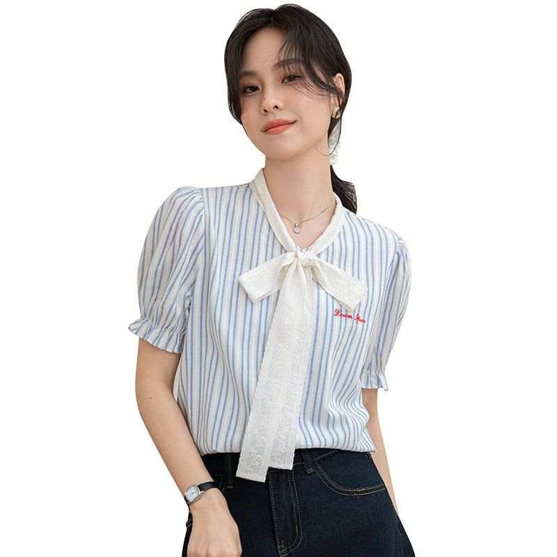 봄 여름 간절기 여성 약간루즈핏 스트라이프 리본타이 퍼프소매 블라우스 데일리룩 아이보리 - 상세 이미지 5