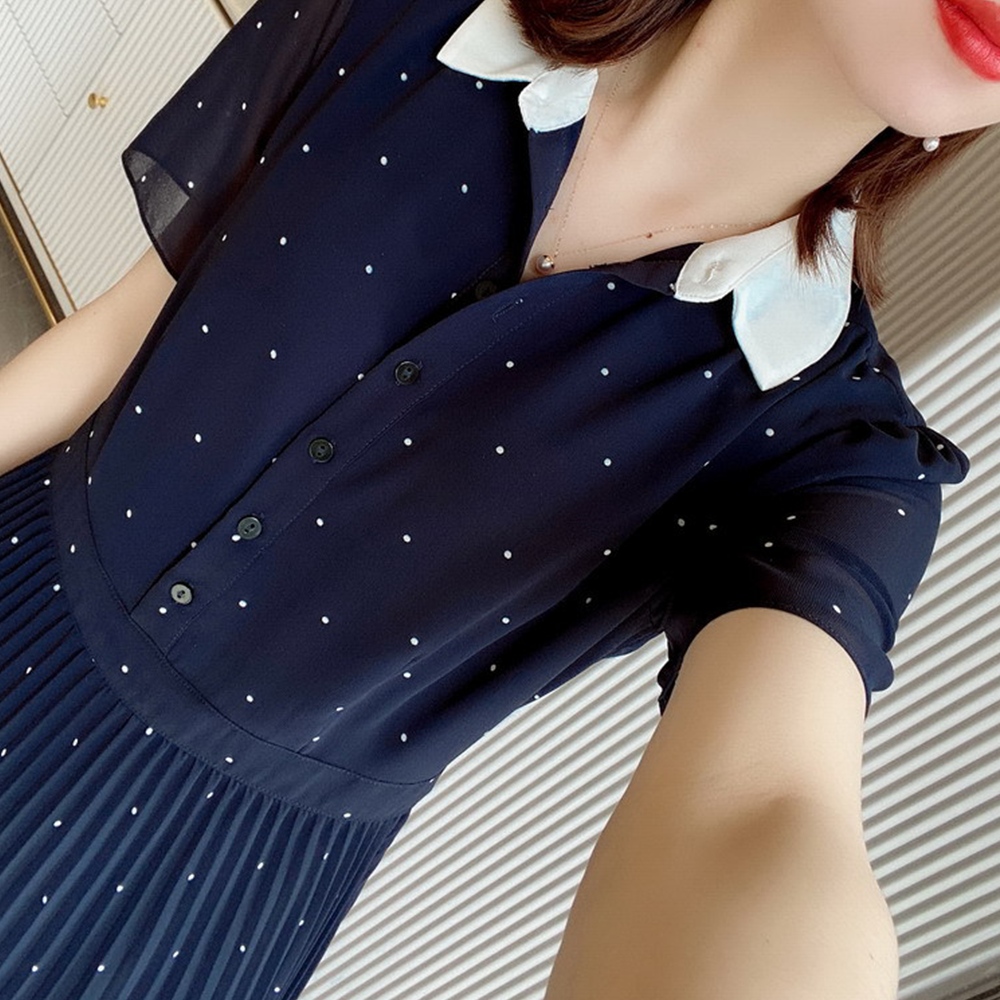플리츠스커트 물방울원피스 롱드레스 여름 시스루 카라 네이비 여성 반팔 - 상세 이미지 5