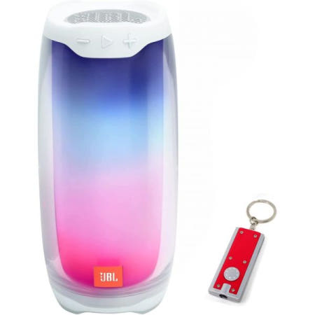 JBL [해외]JBL 펄스 4 - 라이트 쇼가 있는 방수 휴대용 무선 블루투스 스피커, LED 손전등 열쇠고리 보너스 포함 흰색
