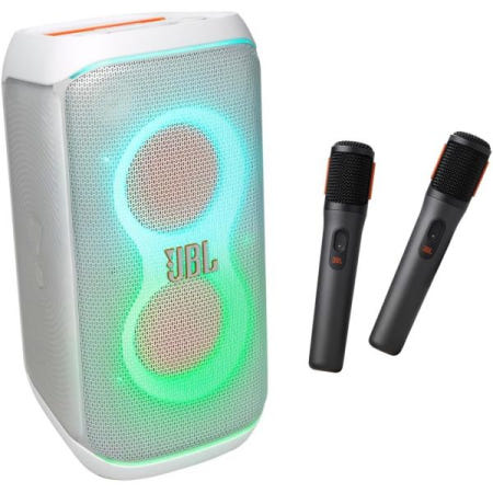[해외]JBL 파티박스 클럽 120 - 접이식 손잡이가 있는 휴대용 파티 스피커, 강력한 프로 사운드, 12시간 재생 시간(화이트) + 디지털 무선 마이크, 페어링(블랙) 번들