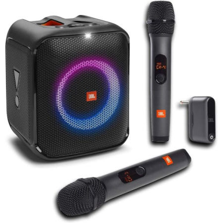 [해외]JBL 파티박스 앙코르 필수 휴대용 무선 파티 스피커 번들 | 100W 사운드 내장 다이내믹 라이트 쇼 스플래시 방지 디자인 마이크 시스템 2대 포함 블랙