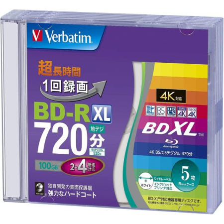 [Verbatim][해외]버바팀 VBR520YP5V2 블루레이 디스크 BD-R XL 100GB 5 화이트 프린터 3 레이어 2-4배 속도 단면