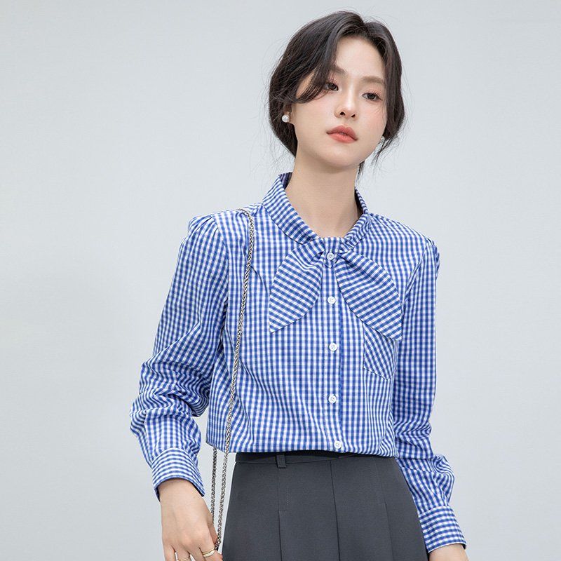 봄 여성 리본 체크 카라 블라우스 긴팔 셔츠 슬림핏 데일리 오피스룩 캐주얼 블루 체크 - 상세 이미지 2