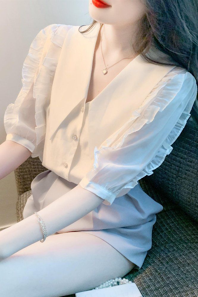 여름 여성 퍼프소매 러플 카라 반팔 빅사이즈 블라우스 셔츠 기본핏 폴리 데일리 아이보리 - 상세 이미지 5