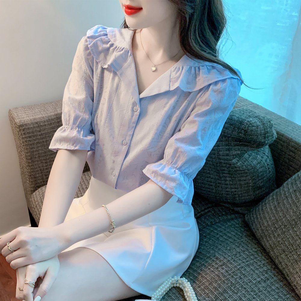 여름 여성 러플 카라 벨소매 텍스처 반팔 면 블라우스 데일리룩 라이트블루 - 상세 이미지 4