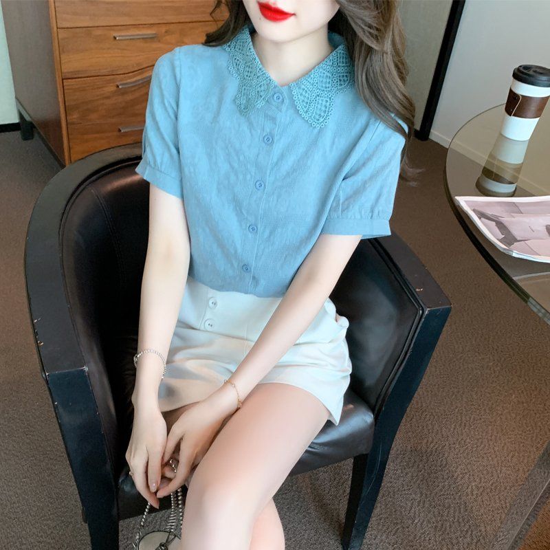 여름 여성 레이스카라 자가드 퍼프소매 반팔 블라우스 데일리룩 오피스룩 블루 - 상세 이미지 2