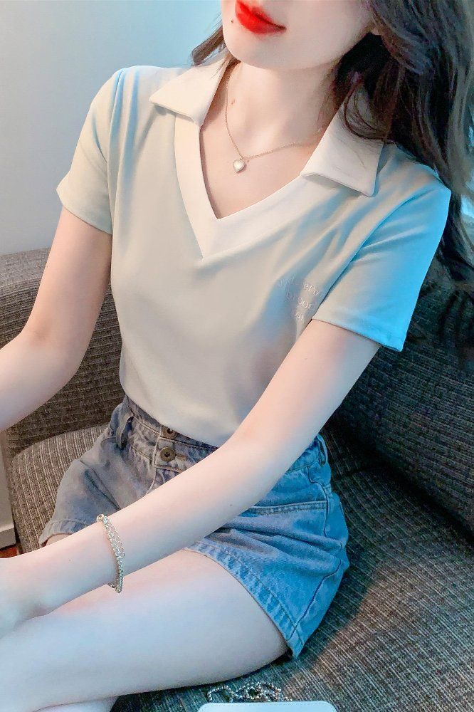 여름 여성 배색 카라 V넥 면 반팔 티셔츠 심플 베이직 데일리룩 상의 라이트블루 - 상세 이미지 5