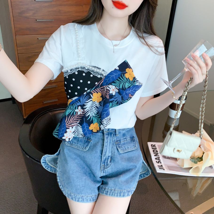 여름 여성 라운드넥 배색 패턴 반팔 면 빅사이즈 티셔츠 러플 셔링 데일리 화이트 - 상세 이미지 3