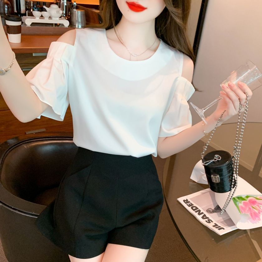 여름 여성 라운드넥 오프숄더 플리츠 벨소매 반팔 블라우스 데일리룩 화이트 - 상세 이미지 2