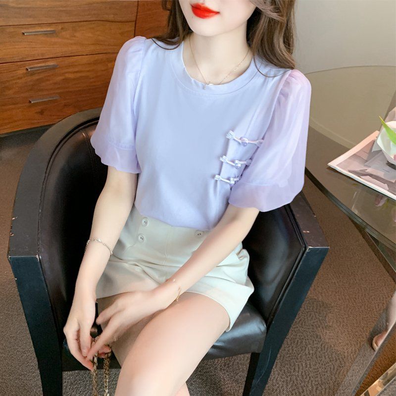 여름 여성 라운드넥 쉬폰 퍼프소매 매듭단추 반팔 면 티셔츠 데일리룩 라벤더 - 상품 이미지