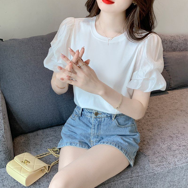 여름 여성 라운드넥 쉬폰 캉캉 퍼프소매 반팔 티셔츠 데일리룩 캐주얼 상의 화이트 - 상세 이미지 4