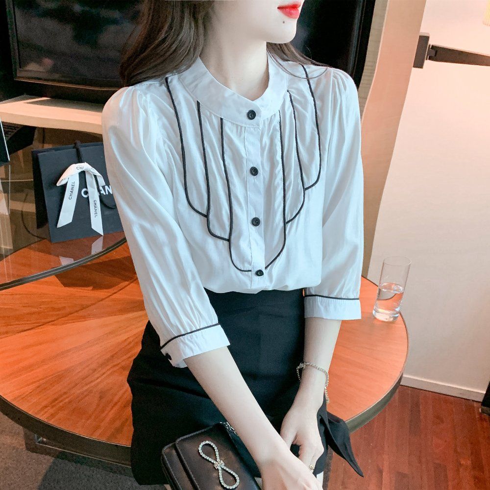 봄 여름 여성 파이핑 배색 7부 블라우스 폴리 루즈핏 빅사이즈 기본기장 데일리 화이트 - 상세 이미지 5