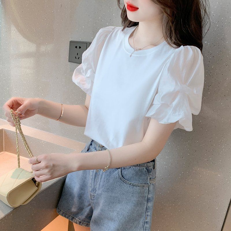 여름 여성 라운드넥 쉬폰 캉캉 퍼프소매 반팔 티셔츠 데일리룩 캐주얼 상의 화이트 - 상세 이미지 5