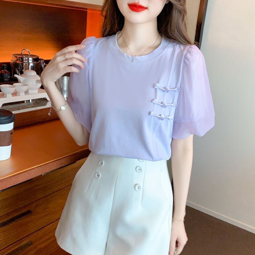 여름 여성 라운드넥 쉬폰 퍼프소매 매듭단추 반팔 면 티셔츠 데일리룩 라벤더 - 상세 이미지 2