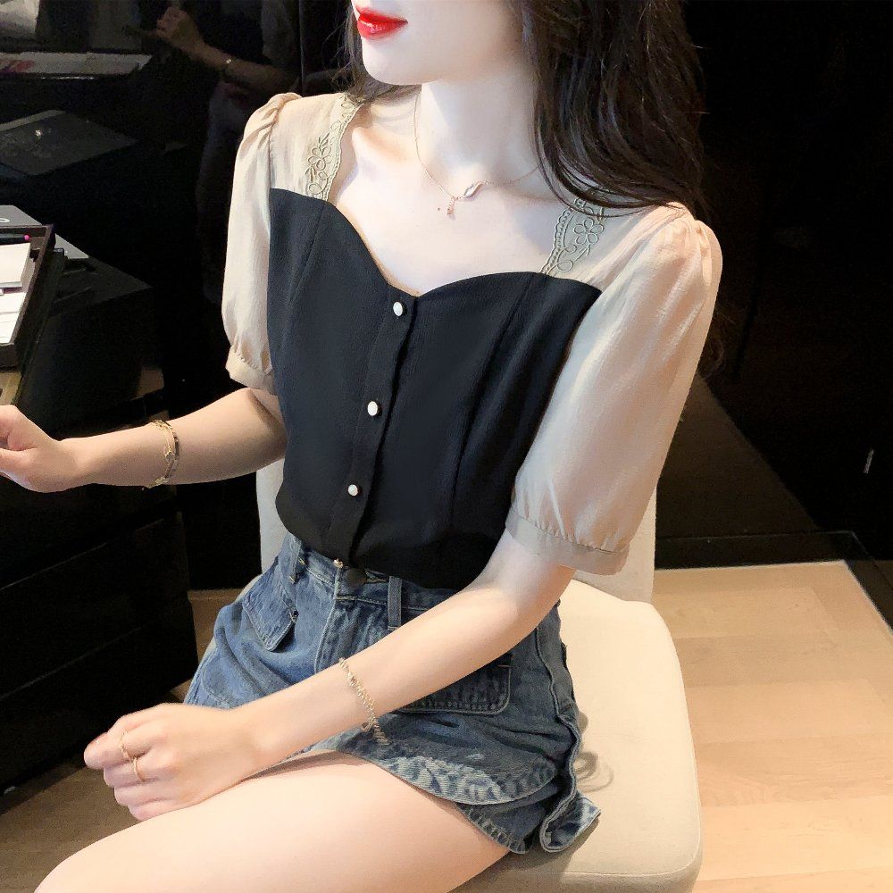 여름 여성 빅사이즈 루즈핏 하트 스퀘어넥 퍼프소매 블라우스 아이보리 배색 블랙 - 상세 이미지 5