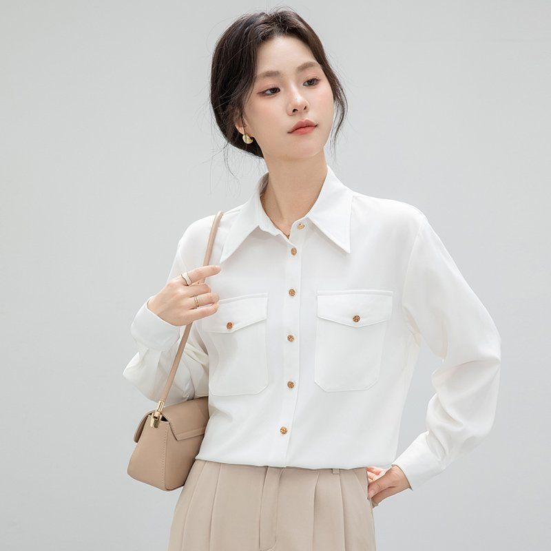 봄 가을 여성 카라 포켓 단추 블라우스 긴팔 셔츠 기본핏 폴리 데일리 오피스룩 화이트 - 상세 이미지 4
