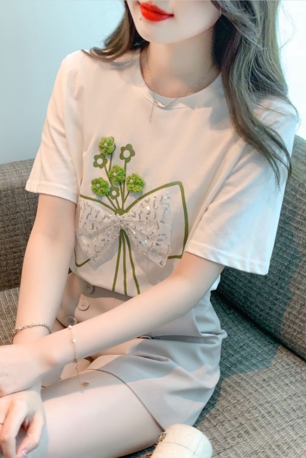 여름 여성 라운드넥 플라워 리본 스팽글 반팔 티셔츠 입체장식 데일리룩 화이트 - 상세 이미지 5
