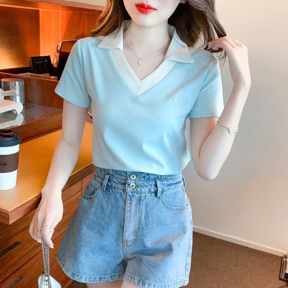 여름 여성 배색 카라 V넥 면 반팔 티셔츠 심플 베이직 데일리룩 상의 라이트블루 - 상품 이미지