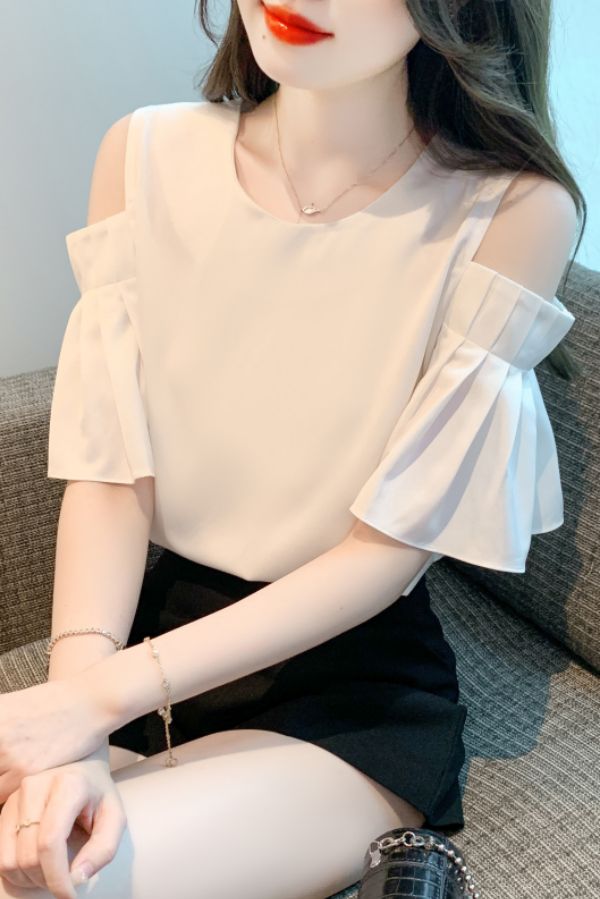 여름 여성 라운드넥 오프숄더 플리츠 벨소매 반팔 블라우스 데일리룩 화이트 - 상세 이미지 5