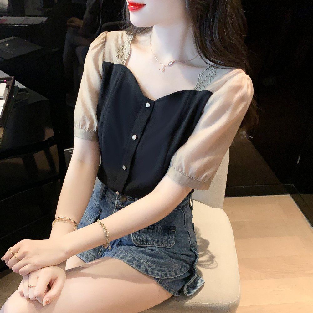 여름 여성 빅사이즈 루즈핏 하트 스퀘어넥 퍼프소매 블라우스 아이보리 배색 블랙 - 상세 이미지 4