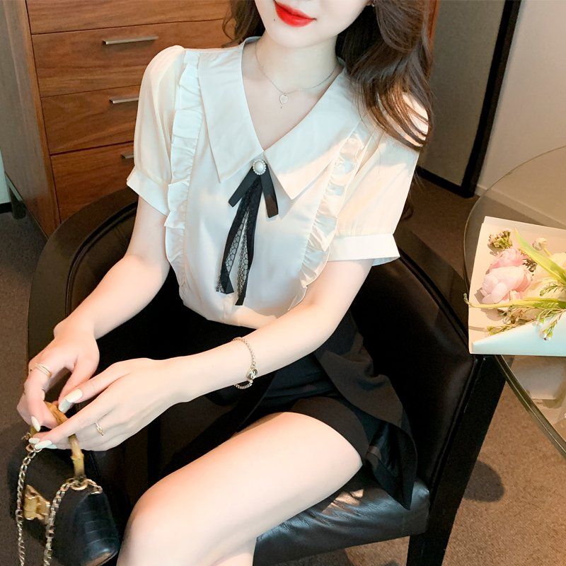 여름 여성 V넥 리본 타이 러플 장식 반팔 블라우스 데일리룩 오피스룩 아이보리 - 상세 이미지 2