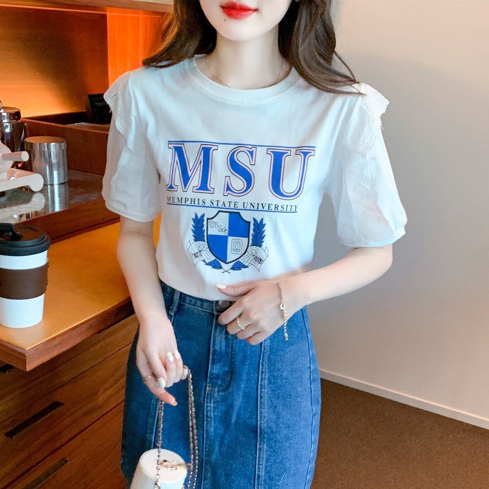 여름 여성 라운드넥 퍼프소매 반팔 면 티셔츠 로고 프린트 데일리 캐주얼 화이트 - 상품 이미지