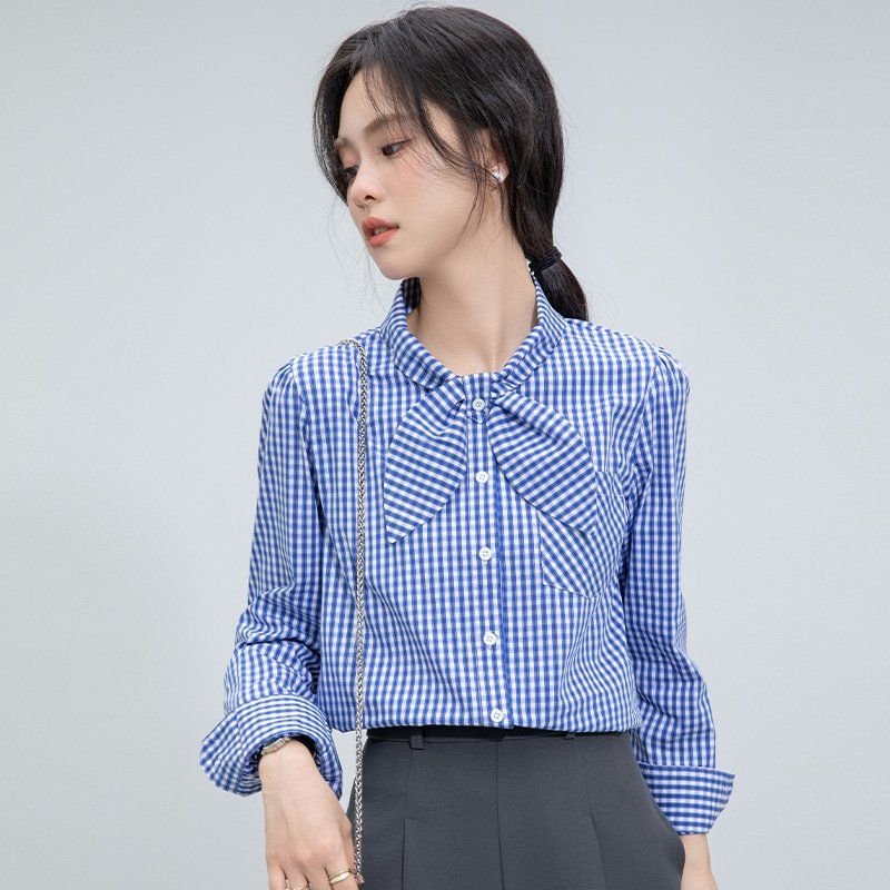 봄 여성 리본 체크 카라 블라우스 긴팔 셔츠 슬림핏 데일리 오피스룩 캐주얼 블루 체크 - 상세 이미지 3