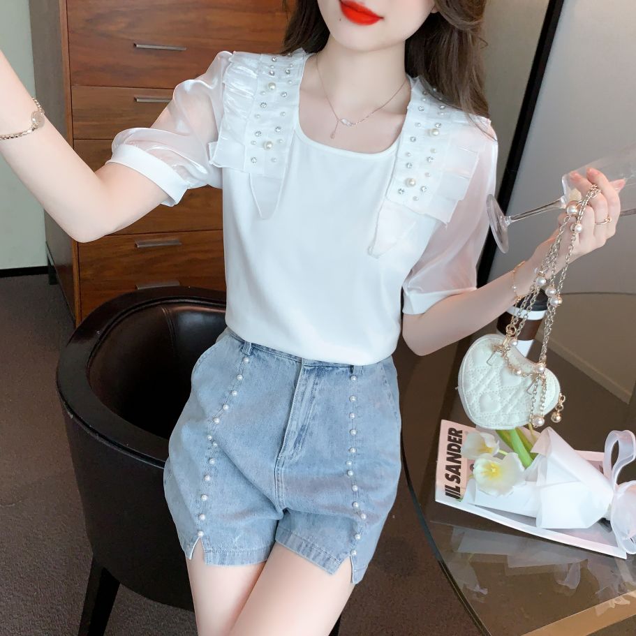 여름 여성 스퀘어넥 쉬폰소매 러플 진주 반팔 면 티셔츠 데일리룩 오피스룩 화이트 - 상세 이미지 3