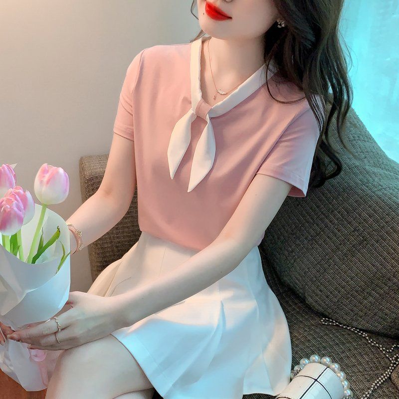 여름 여성 배색 V넥 카라 리본 타이 면 반팔 티셔츠 데일리룩 상의 핑크 - 상세 이미지 4