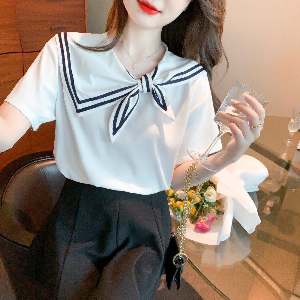 여름 여성 세일러카라 리본 타이 반팔 티셔츠 마린룩 데일리룩 상의 화이트 - 상세 이미지 3