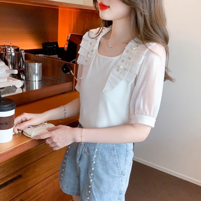 여름 여성 스퀘어넥 쉬폰소매 러플 진주 반팔 면 티셔츠 데일리룩 오피스룩 화이트 - 상세 이미지 2