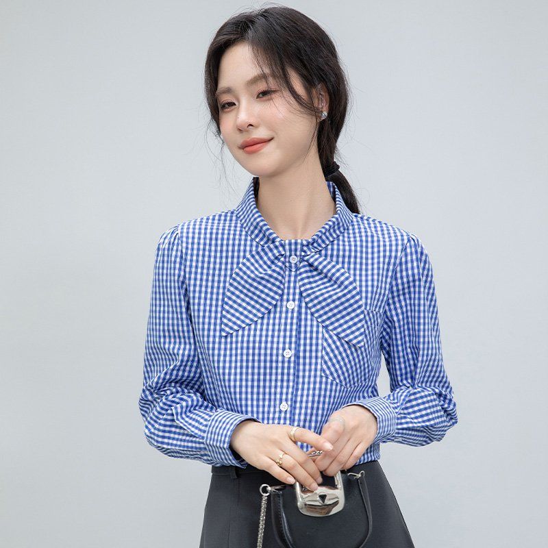 봄 여성 리본 체크 카라 블라우스 긴팔 셔츠 슬림핏 데일리 오피스룩 캐주얼 블루 체크 - 상품 이미지