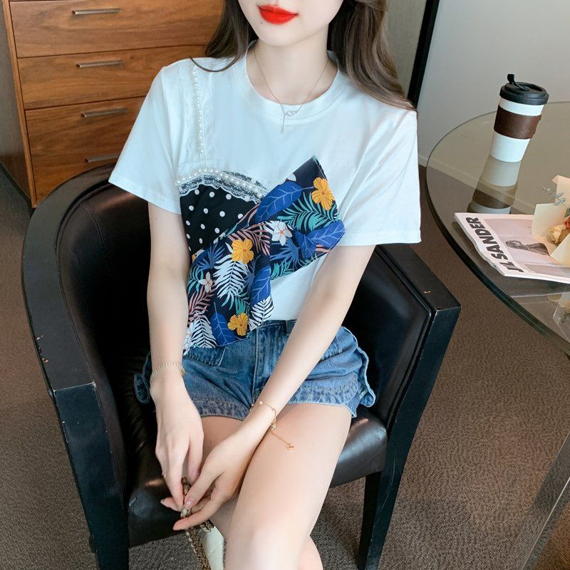여름 여성 라운드넥 배색 패턴 반팔 면 빅사이즈 티셔츠 러플 셔링 데일리 화이트 - 상세 이미지 2