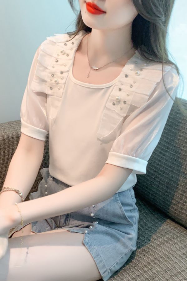 여름 여성 스퀘어넥 쉬폰소매 러플 진주 반팔 면 티셔츠 데일리룩 오피스룩 화이트 - 상세 이미지 5
