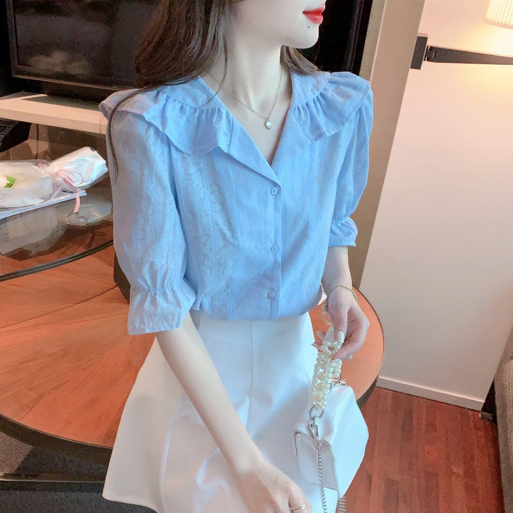 여름 여성 러플 카라 벨소매 텍스처 반팔 면 블라우스 데일리룩 라이트블루 - 상세 이미지 5
