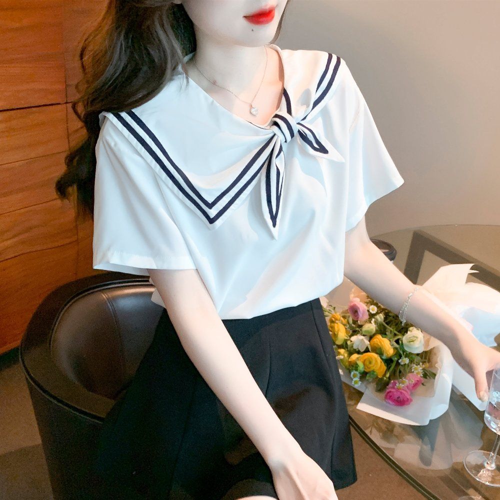 여름 여성 세일러카라 리본 타이 반팔 티셔츠 마린룩 데일리룩 상의 화이트 - 상세 이미지 2