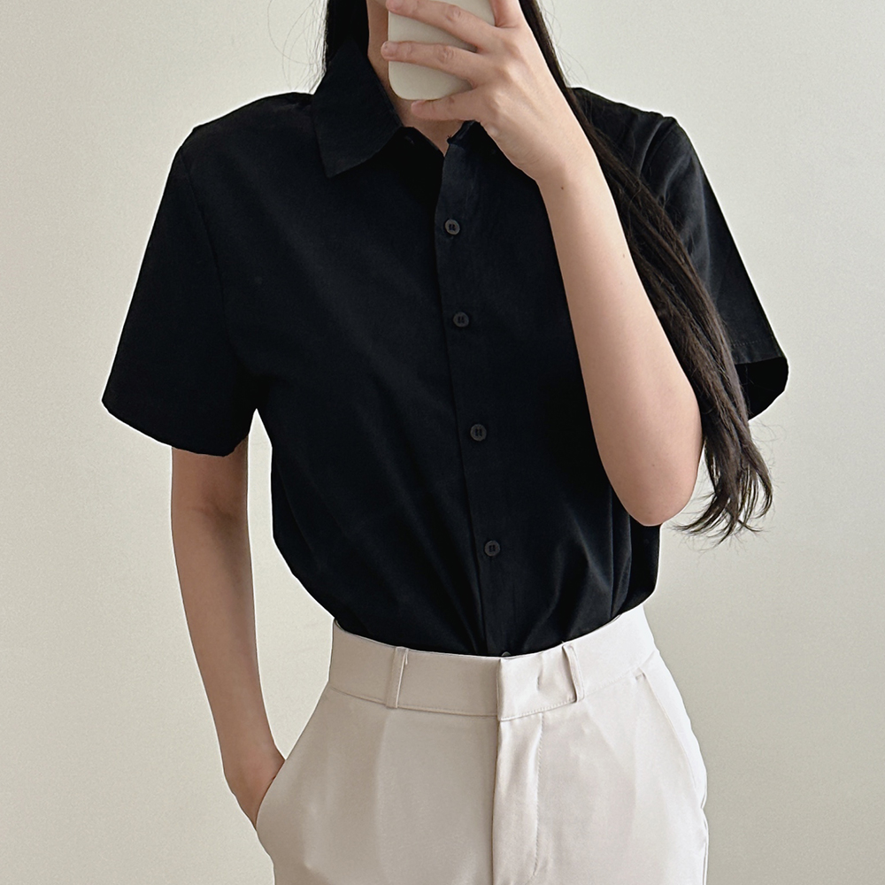 여성 반팔 셔츠 여름 블랙 화이트 베이지 면 카라 남방 - 상세 이미지 2
