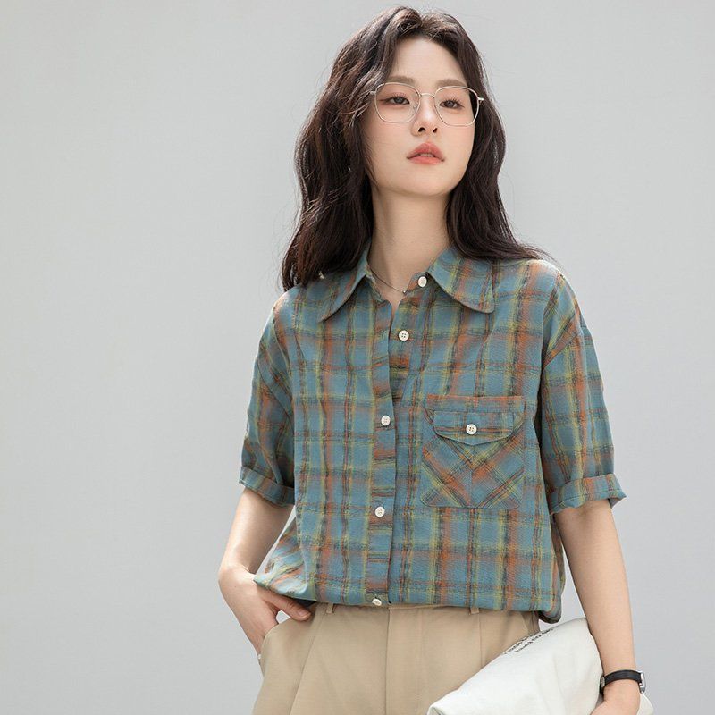 봄 여름 여성 루즈핏 체크 반팔 카라 버튼 블라우스 셔츠 폴리 데일리룩 캐주얼 틸그린 체크 - 상세 이미지 3